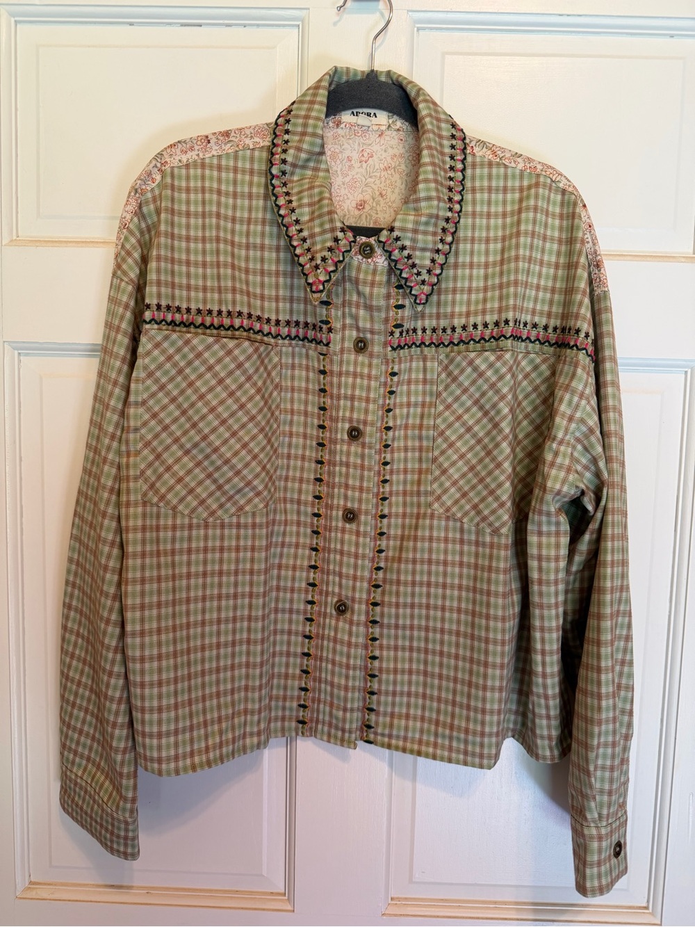 Adora Sage Plaid Button Down Pocket Shirt with embroidered details - Large